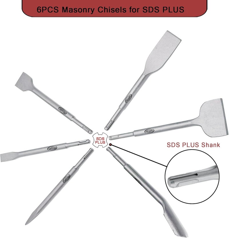 Regiis Tech 6 pcs SDS Plus Chisel Set, Masonry Concrete Drill Bit Set, Tile Removal Chisel Bits for Rotary Hammer with Point Flat Wide Inclined Grooving Scraping Scaling Removing Tile Thinset - Image 3
